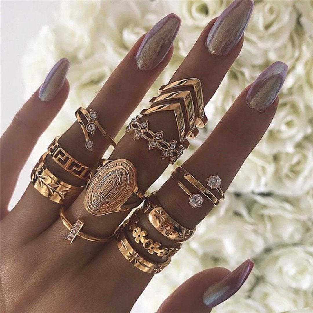 Celestial & Floral Ring Set, 8-12 Rings with Opal, Rhinestone & Enamel Accents in Gold & Silver Tone