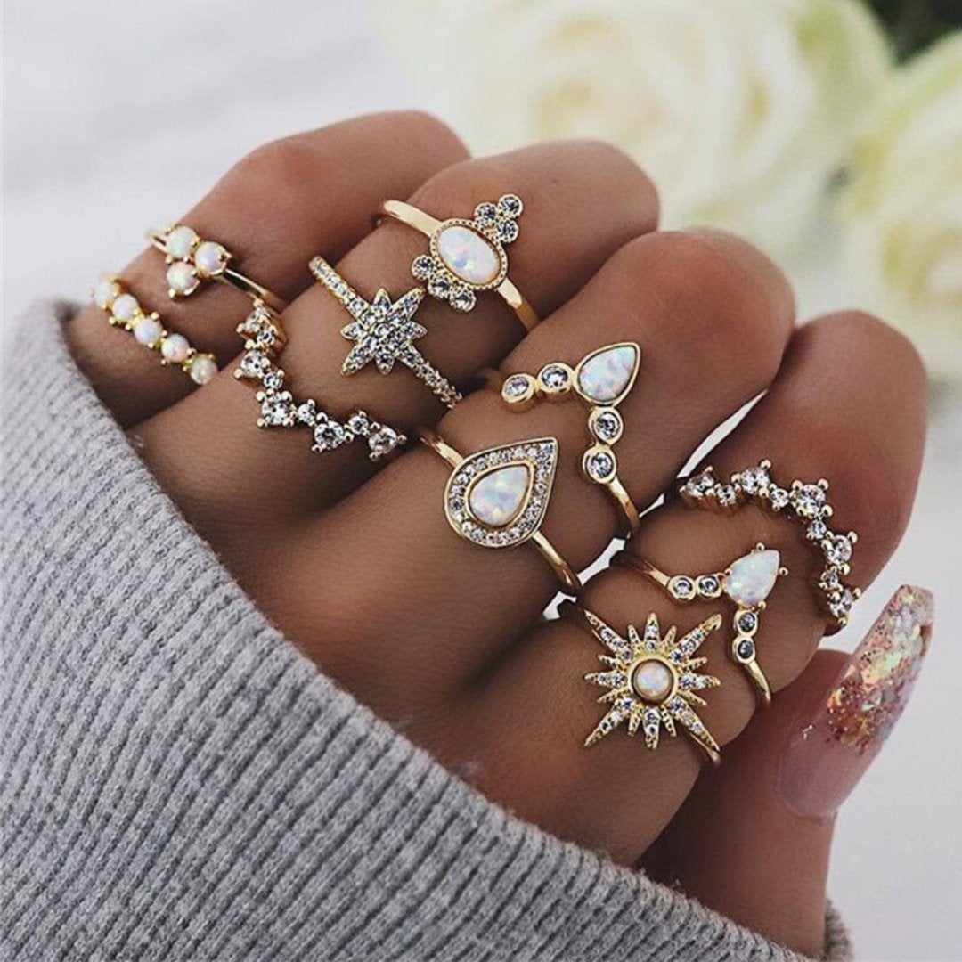 Celestial & Floral Ring Set, 8-12 Rings with Opal, Rhinestone & Enamel Accents in Gold & Silver Tone