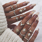Celestial & Floral Ring Set, 8-12 Rings with Opal, Rhinestone & Enamel Accents in Gold & Silver Tone