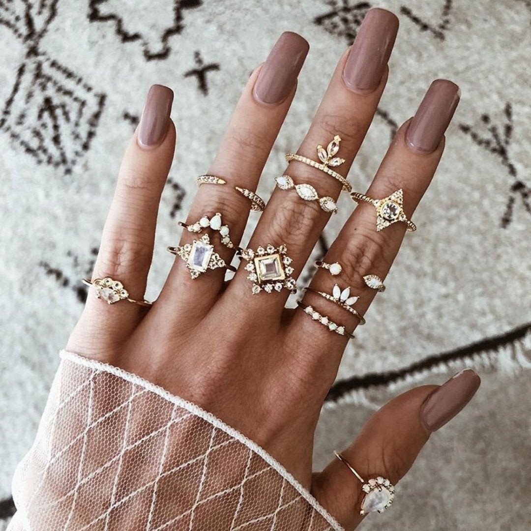 Celestial & Floral Ring Set, 8-12 Rings with Opal, Rhinestone & Enamel Accents in Gold & Silver Tone