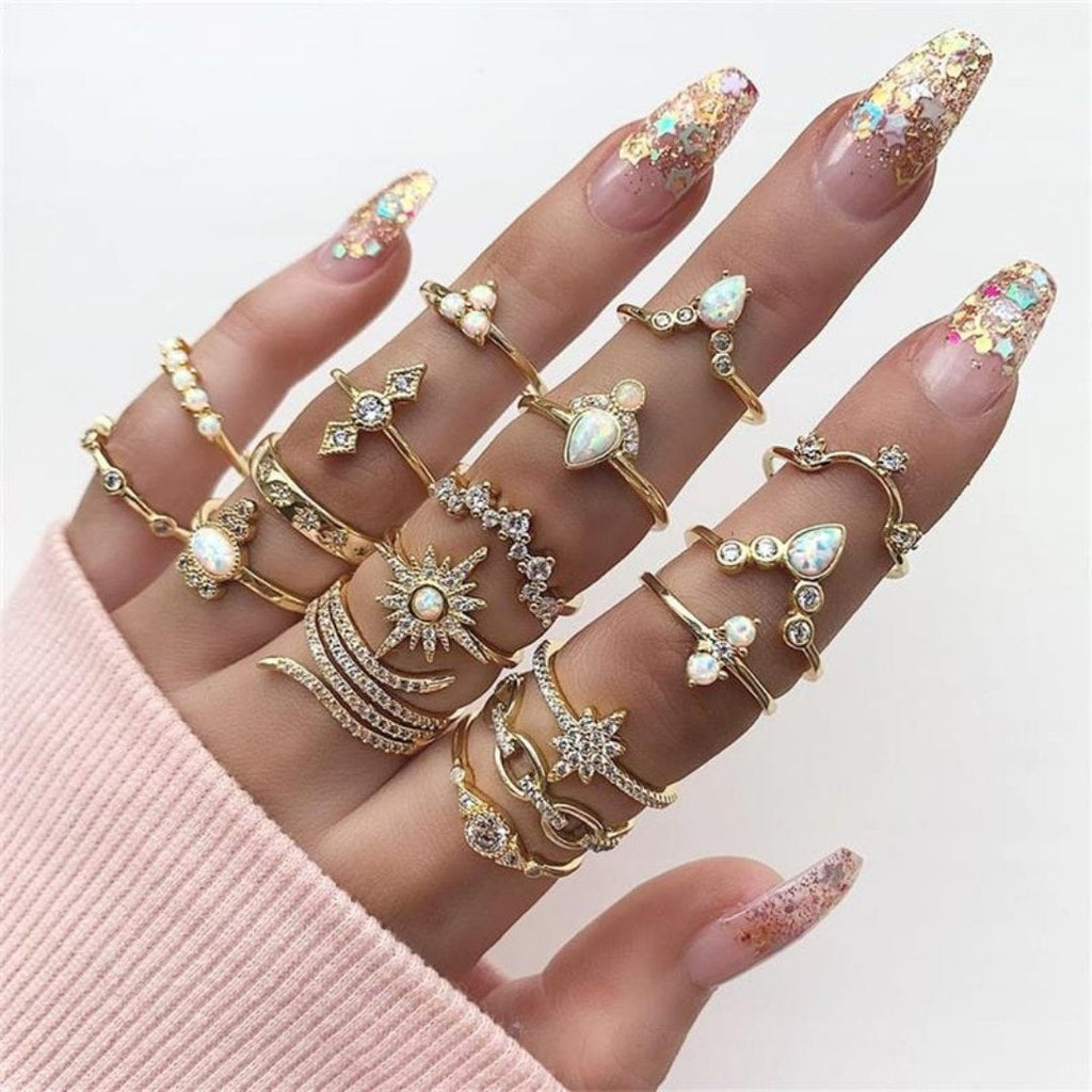 Celestial & Floral Ring Set, 8-12 Rings with Opal, Rhinestone & Enamel Accents in Gold & Silver Tone