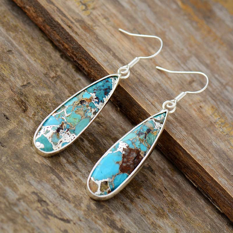 Turquoise Jasper Teardrop Drop Earrings Silver Bezel French Hook