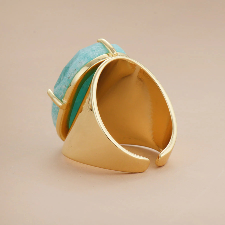 Amazonite Cabochon Statement Ring - Gold-Toned Cuff Band