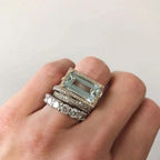 Rectangular Turquoise Glass Ring Set with Silver-Tone Halo and Pave Bands