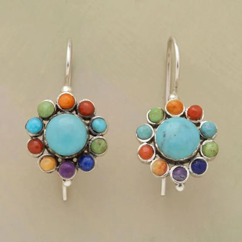 Turquoise Multi-Gemstone Cluster Drop Earrings, Silver-Tone Wire Hooks