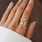 Botanical Leaf White Opal Ring with Adjustable Gold-Tone Band