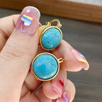 Turquoise Drop Earrings Vintage Geometric Gold-Tone Leverback Oval Stone Jewelry