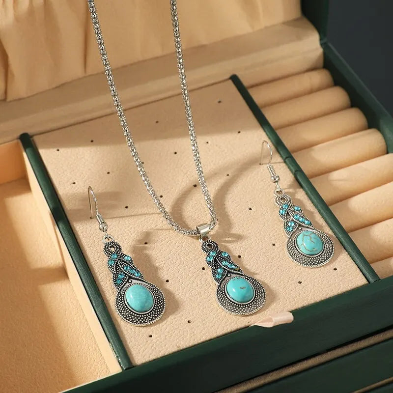 Turquoise Jewelry Set - Silver-Tone Filigree Necklace & Drop Earrings