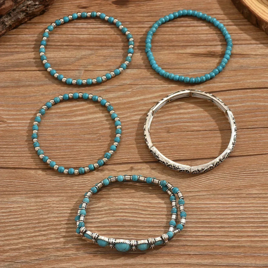 Turquoise Beaded Bracelet Set, 5-Piece with Silver-Tone Filigree Scroll
