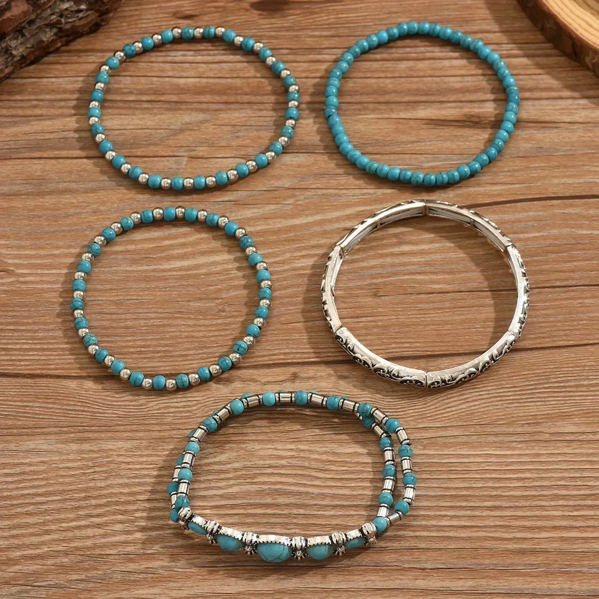 Turquoise Beaded Bracelet Set, 5-Piece with Silver-Tone Filigree Scroll