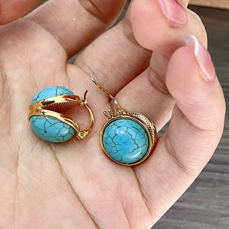 Turquoise Drop Earrings Vintage Geometric Gold-Tone Leverback Oval Stone Jewelry