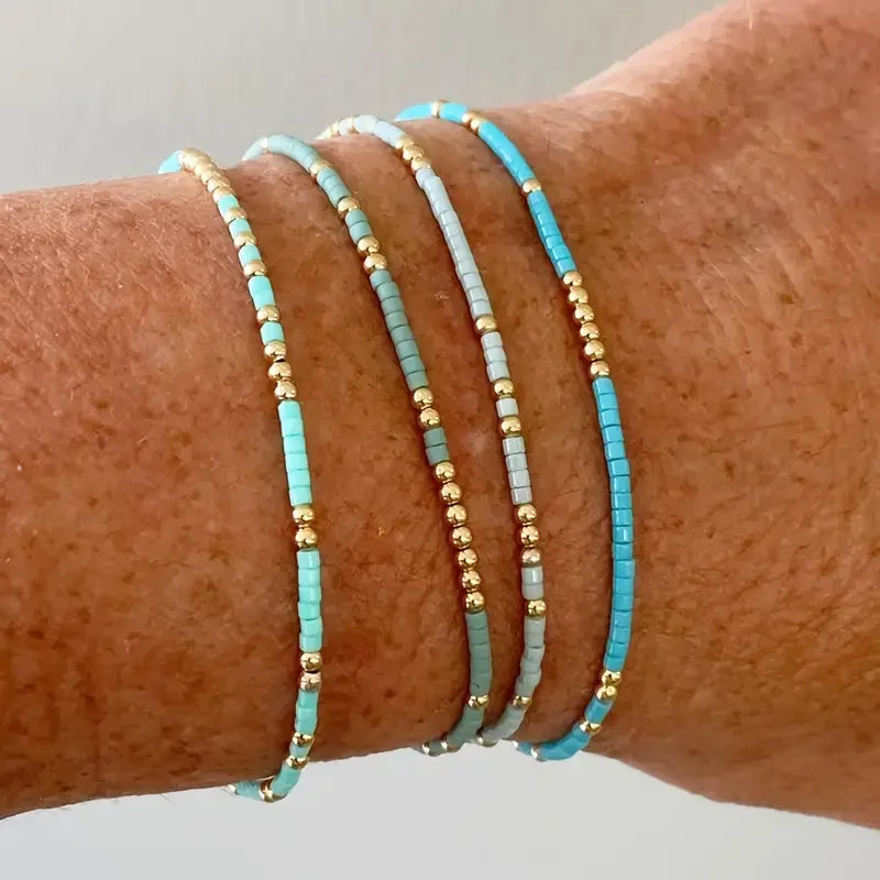 Turquoise Beaded Stretch Bracelet Set, 4-Piece with Gold-Tone Accents
