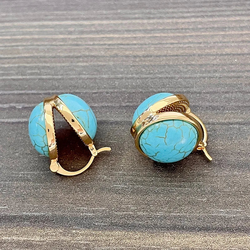 Turquoise Drop Earrings Vintage Geometric Gold-Tone Leverback Oval Stone Jewelry