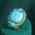 Art Deco Turquoise Cocktail Ring - Blue Topaz Halo, Antique Gold Tone