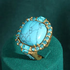 Art Deco Turquoise Cocktail Ring - Blue Topaz Halo, Antique Gold Tone