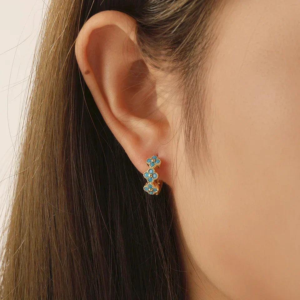 Turquoise Gemstone Flower Hoop Earrings, Gold-Tone Cluster Hoops
