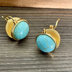 Turquoise Drop Earrings Vintage Geometric Gold-Tone Leverback Oval Stone Jewelry