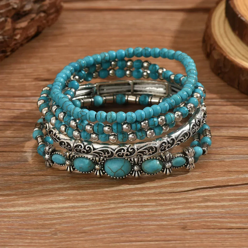 Turquoise Beaded Bracelet Set, 5-Piece with Silver-Tone Filigree Scroll
