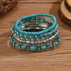 Turquoise Beaded Bracelet Set, 5-Piece with Silver-Tone Filigree Scroll
