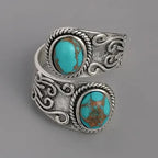 Two-Stone Oval Turquoise Wrap Ring in Sterling Silver with Scrollwork Filigree
