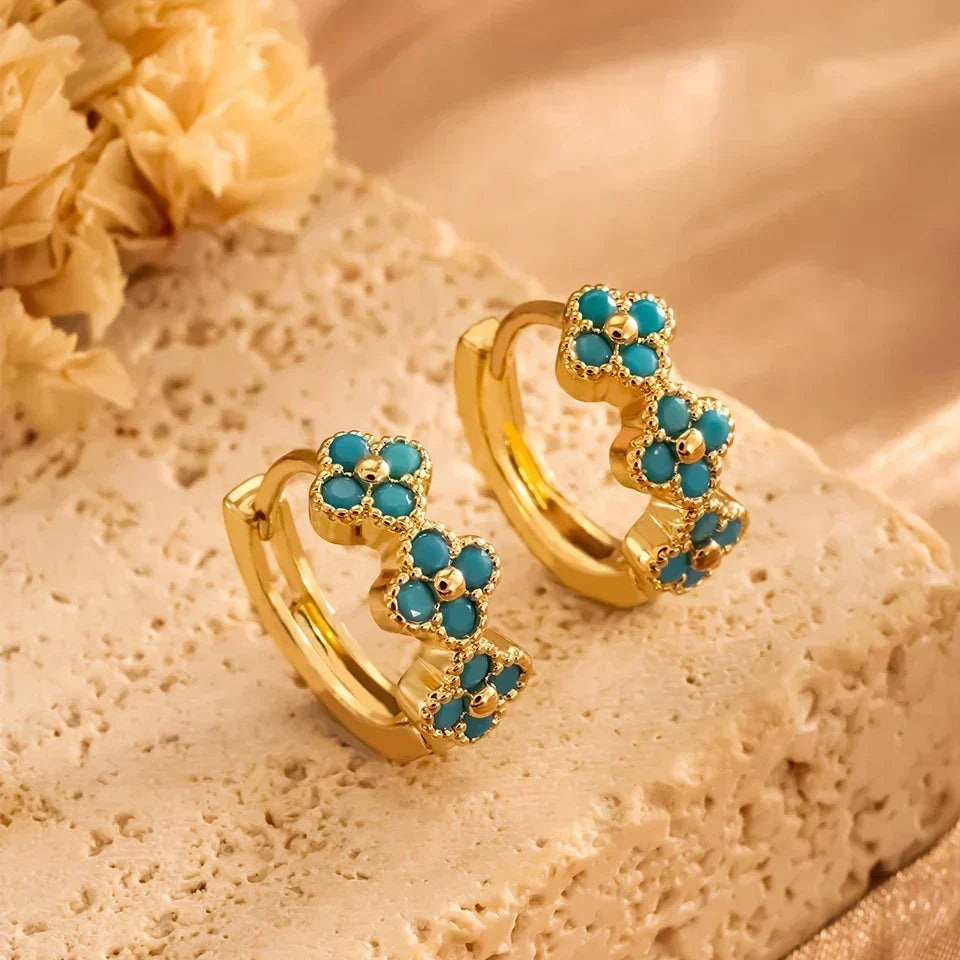 Turquoise Gemstone Flower Hoop Earrings, Gold-Tone Cluster Hoops