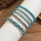 Turquoise Beaded Bracelet Set, 5-Piece with Silver-Tone Filigree Scroll
