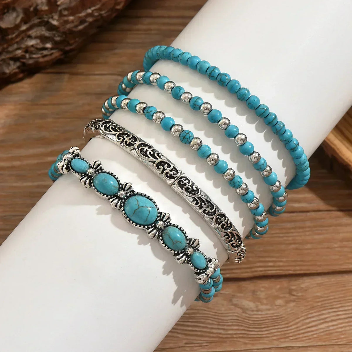 Turquoise Beaded Bracelet Set, 5-Piece with Silver-Tone Filigree Scroll