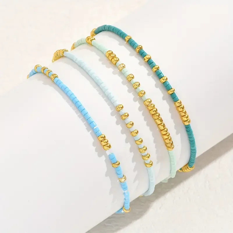 Turquoise Beaded Stretch Bracelet Set, 4-Piece with Gold-Tone Accents