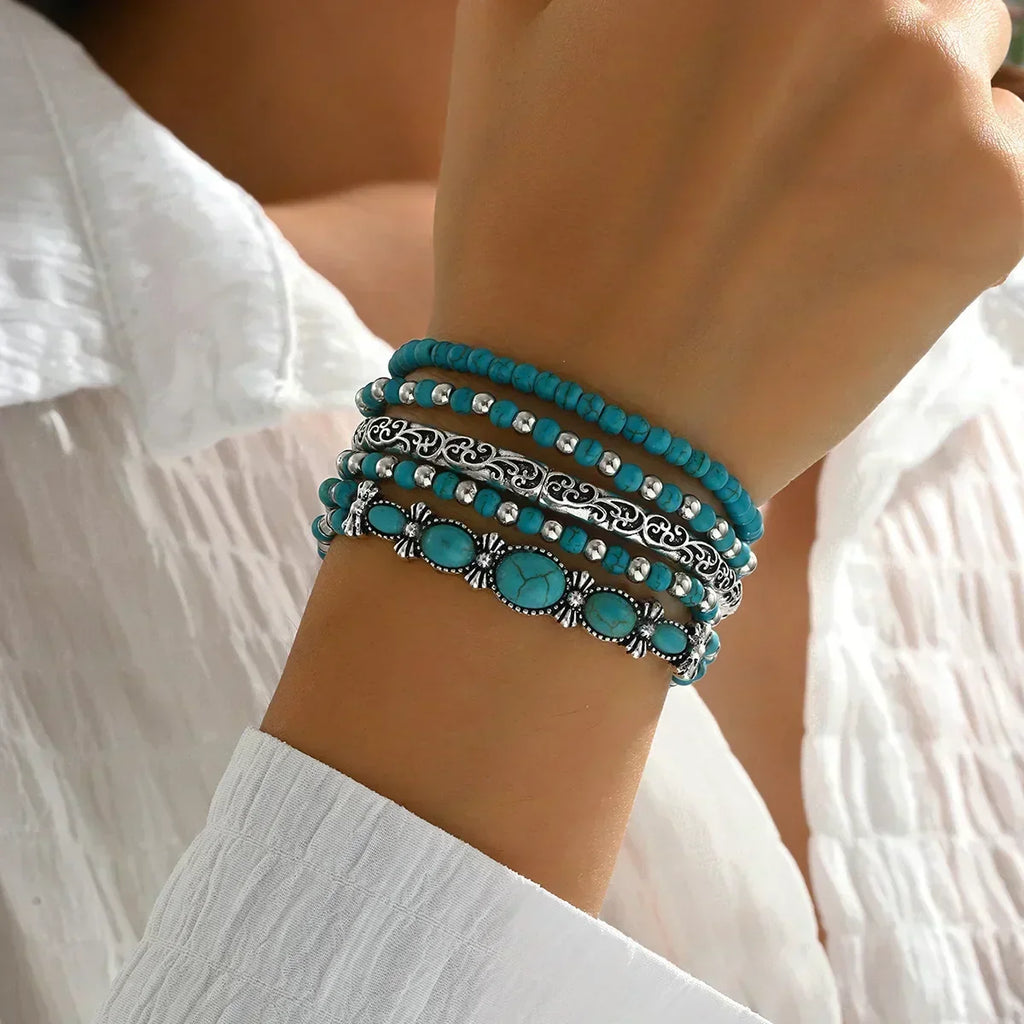 Turquoise Beaded Bracelet Set, 5-Piece with Silver-Tone Filigree Scroll