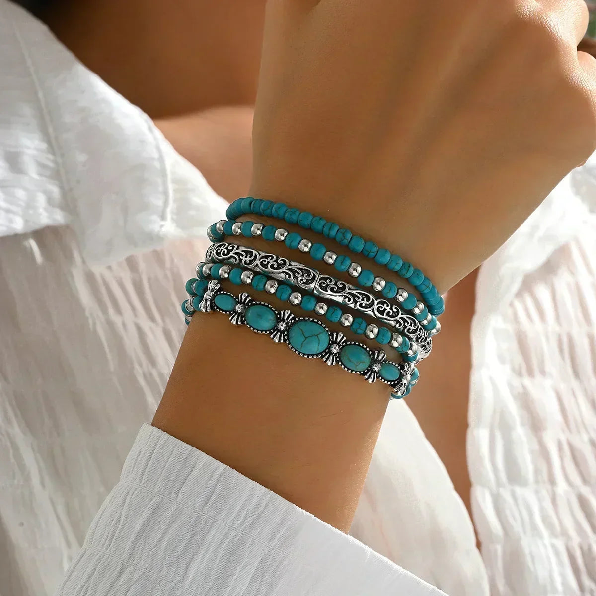 Turquoise Beaded Bracelet Set, 5-Piece with Silver-Tone Filigree Scroll