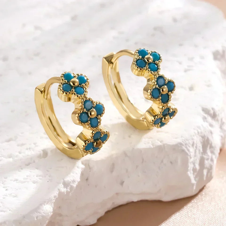 Turquoise Gemstone Flower Hoop Earrings, Gold-Tone Cluster Hoops