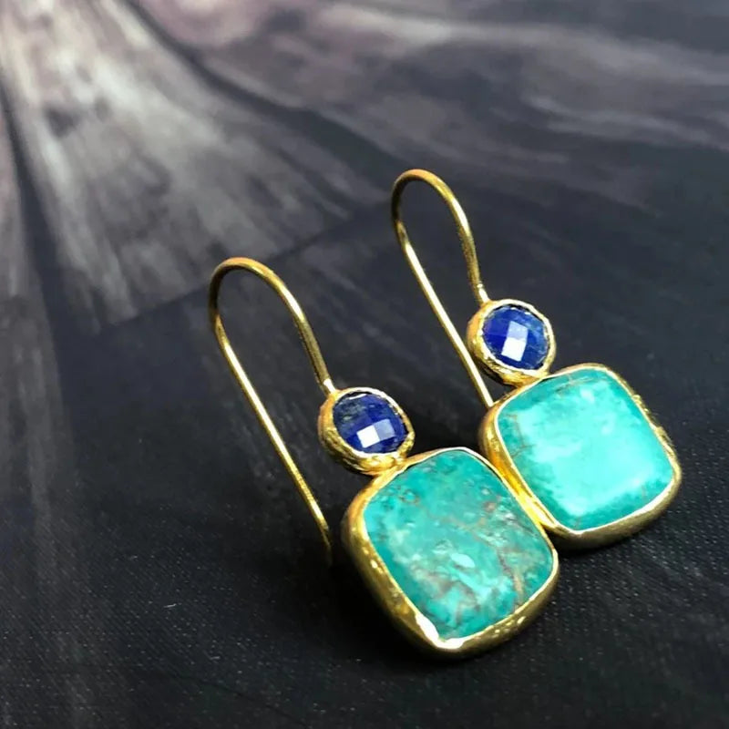 Turquoise Lapis Lazuli Drop Earrings - Gold-Tone Bezel Dangle