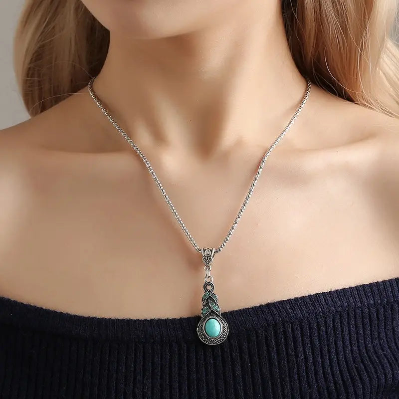 Turquoise Jewelry Set - Silver-Tone Filigree Necklace & Drop Earrings