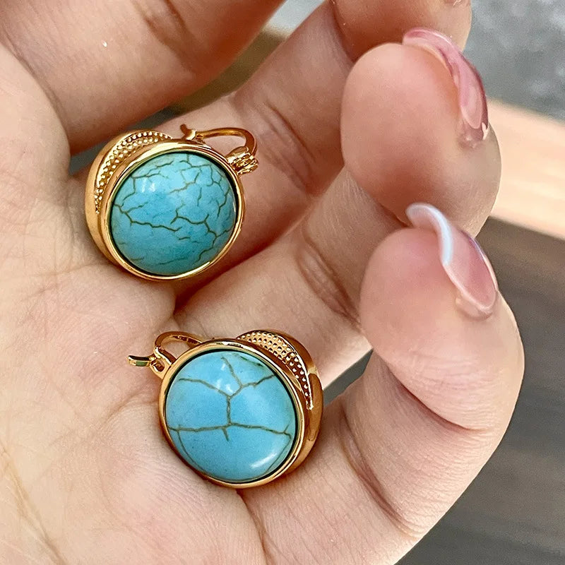 Turquoise Drop Earrings Vintage Geometric Gold-Tone Leverback Oval Stone Jewelry