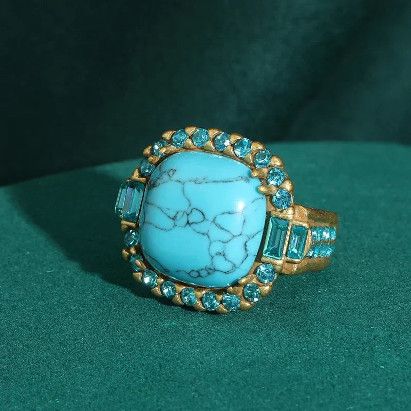Art Deco Turquoise Cocktail Ring - Blue Topaz Halo, Antique Gold Tone