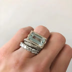 Rectangular Aquamarine-Tone Halo Ring Set, 3-Piece Art Deco Stacking Rings