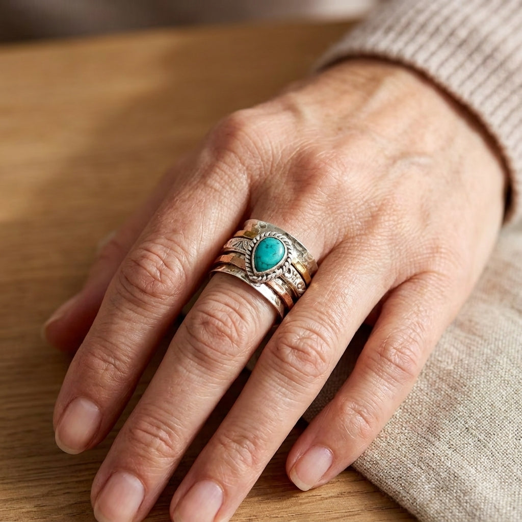 Oval Turquoise Statement Ring with Stacked Silver & Gold Bands