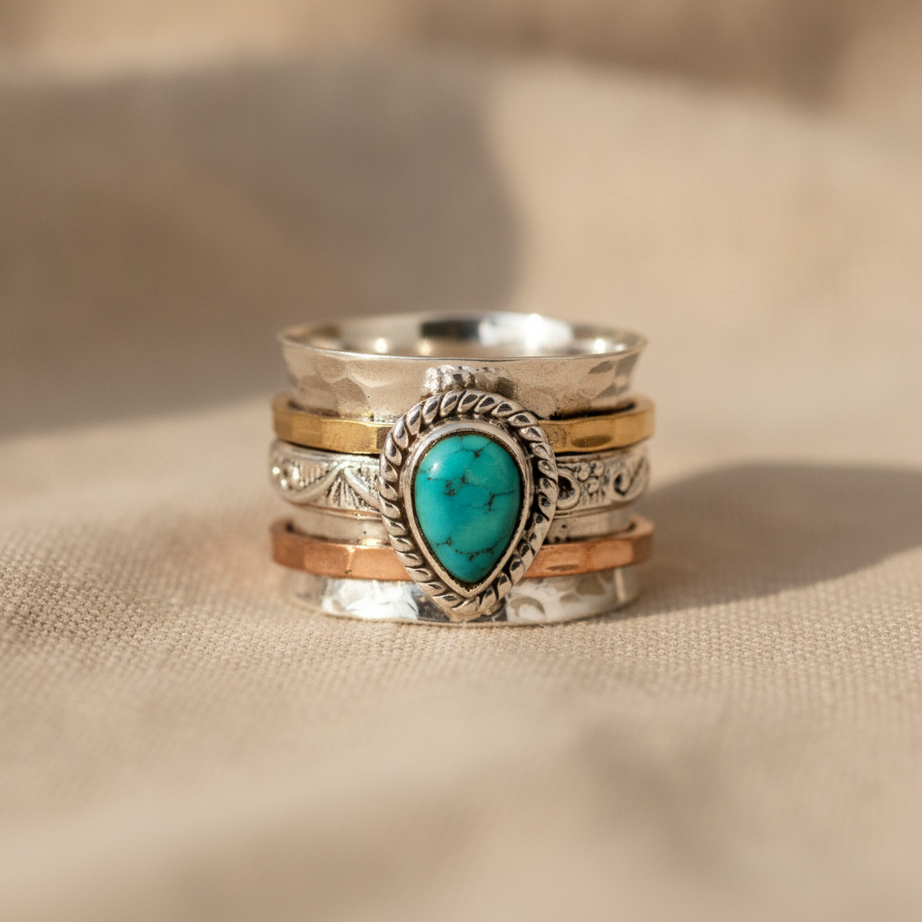 Oval Turquoise Statement Ring with Stacked Silver & Gold Bands