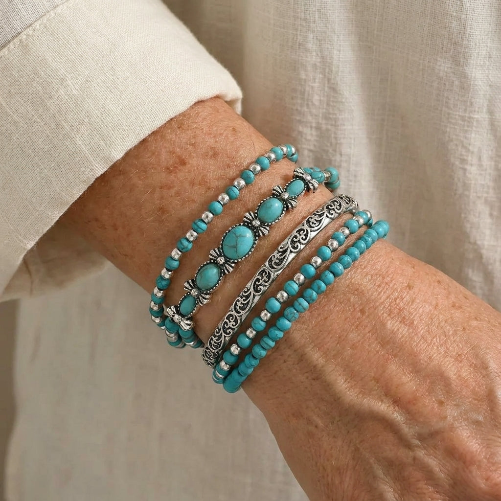 Turquoise Beaded Bracelet Set, 5-Piece with Silver-Tone Filigree Scroll