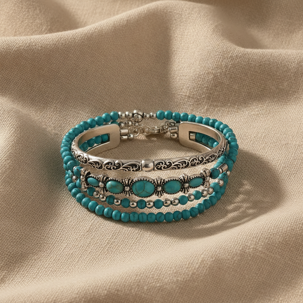 Turquoise Beaded Bracelet Set, 5-Piece with Silver-Tone Filigree Scroll