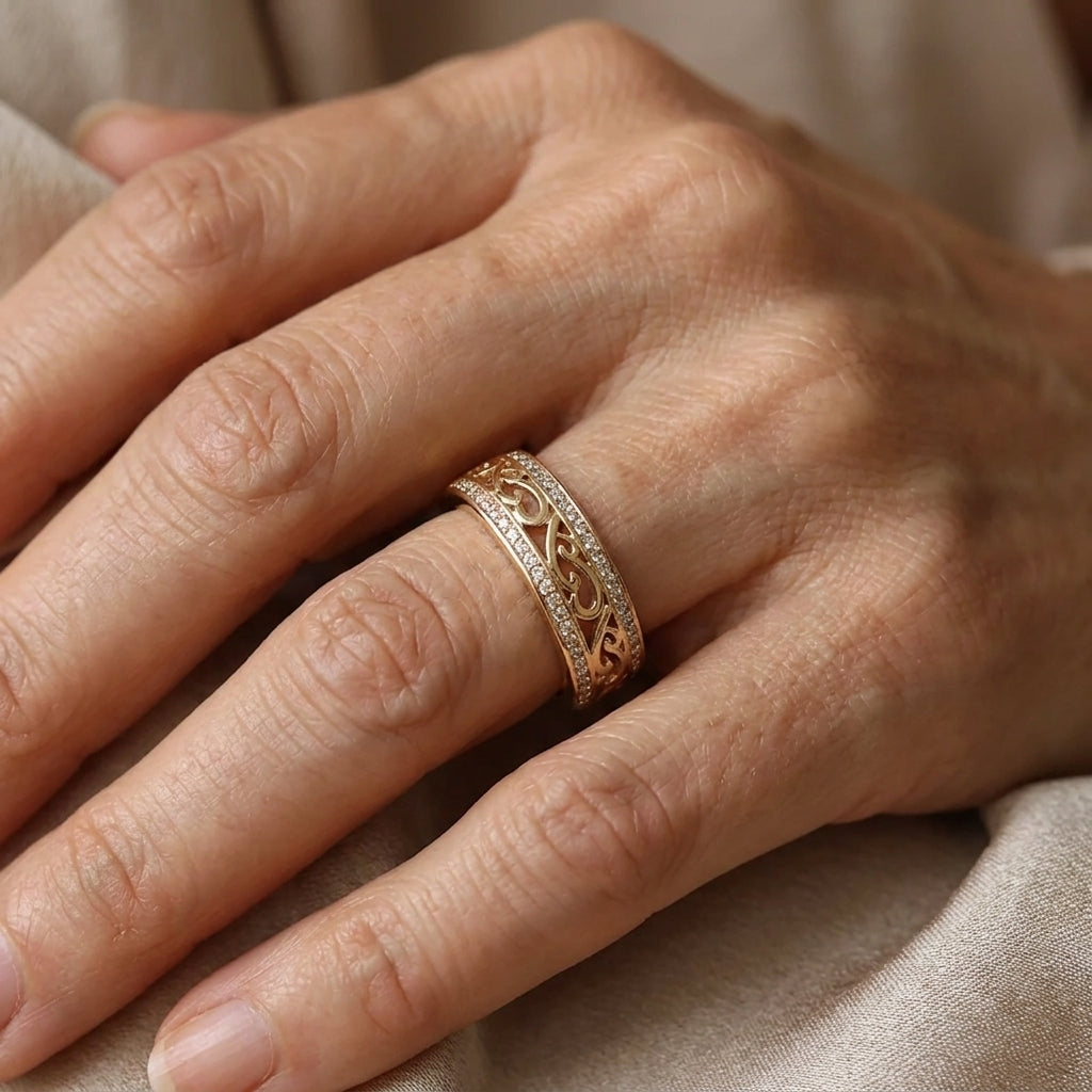 Filigree Scroll Ring with Pavé Stone Accents in Gold Tone