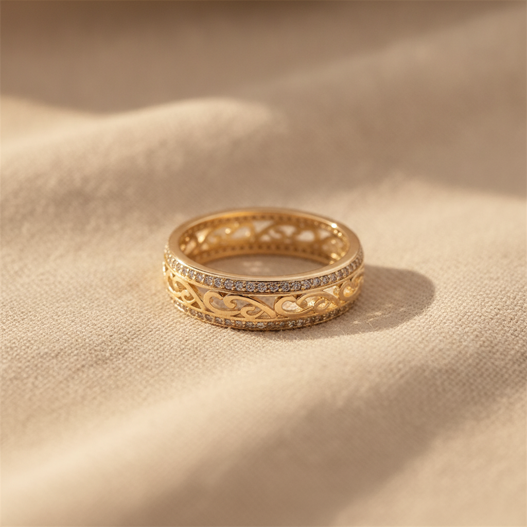 Filigree Scroll Ring with Pavé Stone Accents in Gold Tone