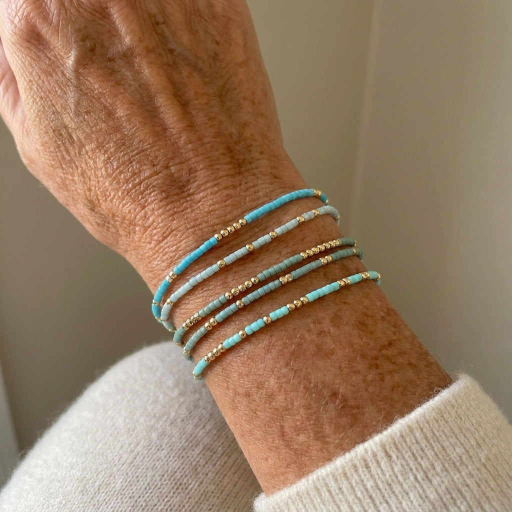 Turquoise Beaded Stretch Bracelet Set, 4-Piece with Gold-Tone Accents