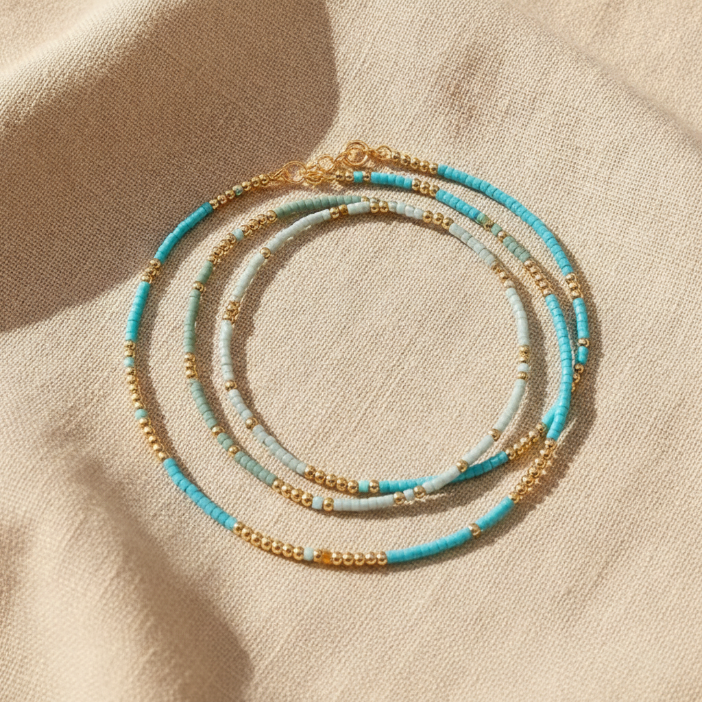Turquoise Beaded Stretch Bracelet Set, 4-Piece with Gold-Tone Accents