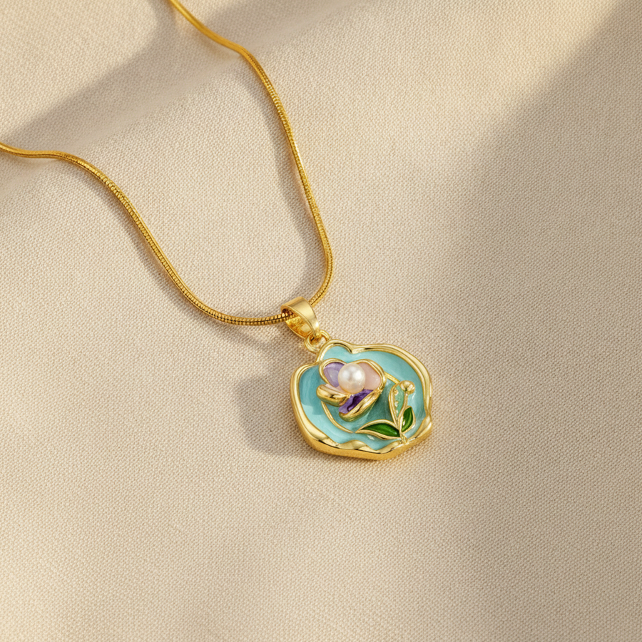 Gold-Tone Bee Pendant Necklace with Turquoise Enamel, Pearl Accent & Snake Chain