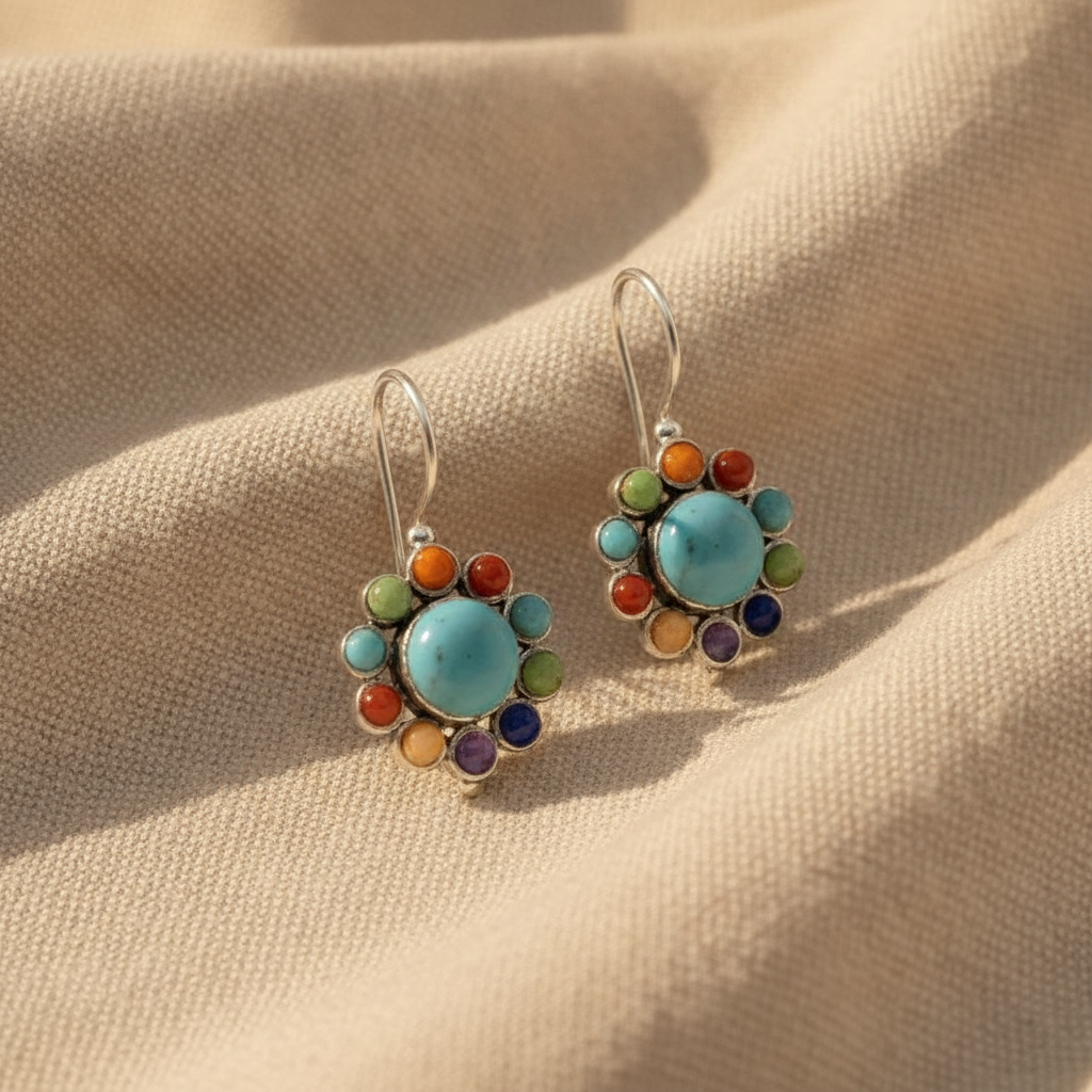 Turquoise Multi-Gemstone Cluster Drop Earrings, Silver-Tone Wire Hooks