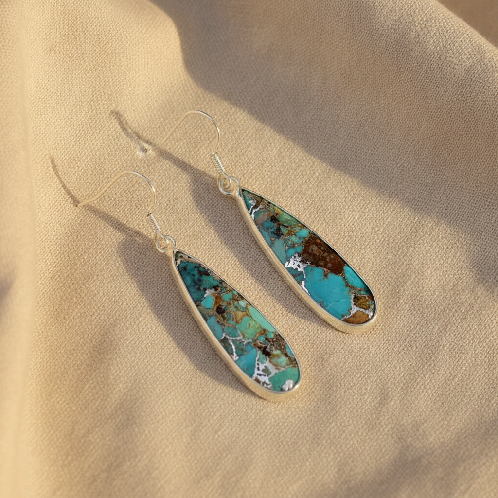 Turquoise Jasper Teardrop Drop Earrings Silver Bezel French Hook