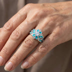 Turquoise Flower Crystal Cocktail Ring, Silver-Tone Filigree Band
