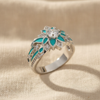 Turquoise Flower Crystal Cocktail Ring, Silver-Tone Filigree Band