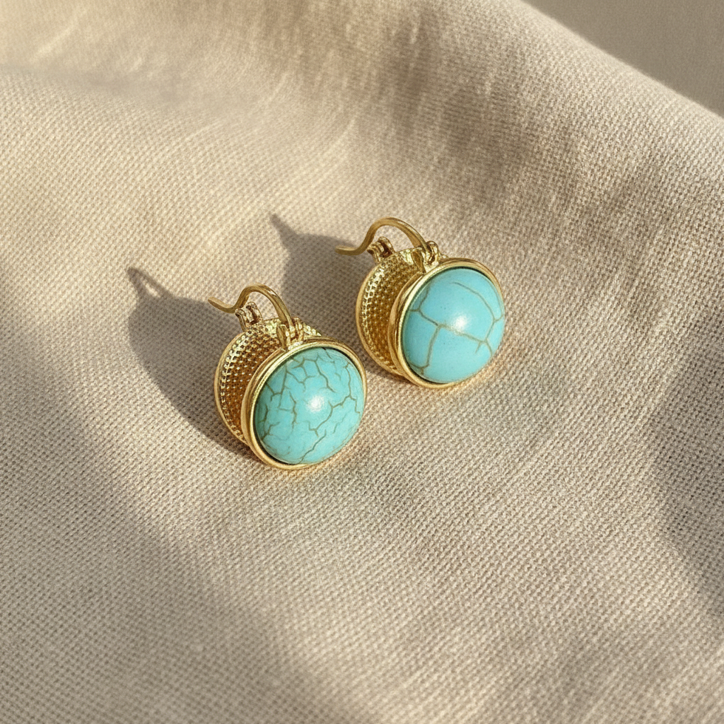 Turquoise Drop Earrings Vintage Geometric Gold-Tone Leverback Oval Stone Jewelry